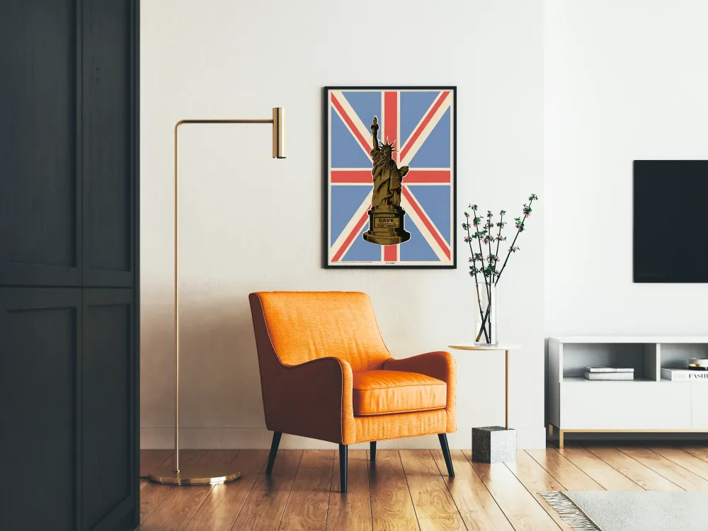 Plakat dekoracyjny Save Liberty Is Your Trophy z figurą Statuy Wolności i flagą brytyjską