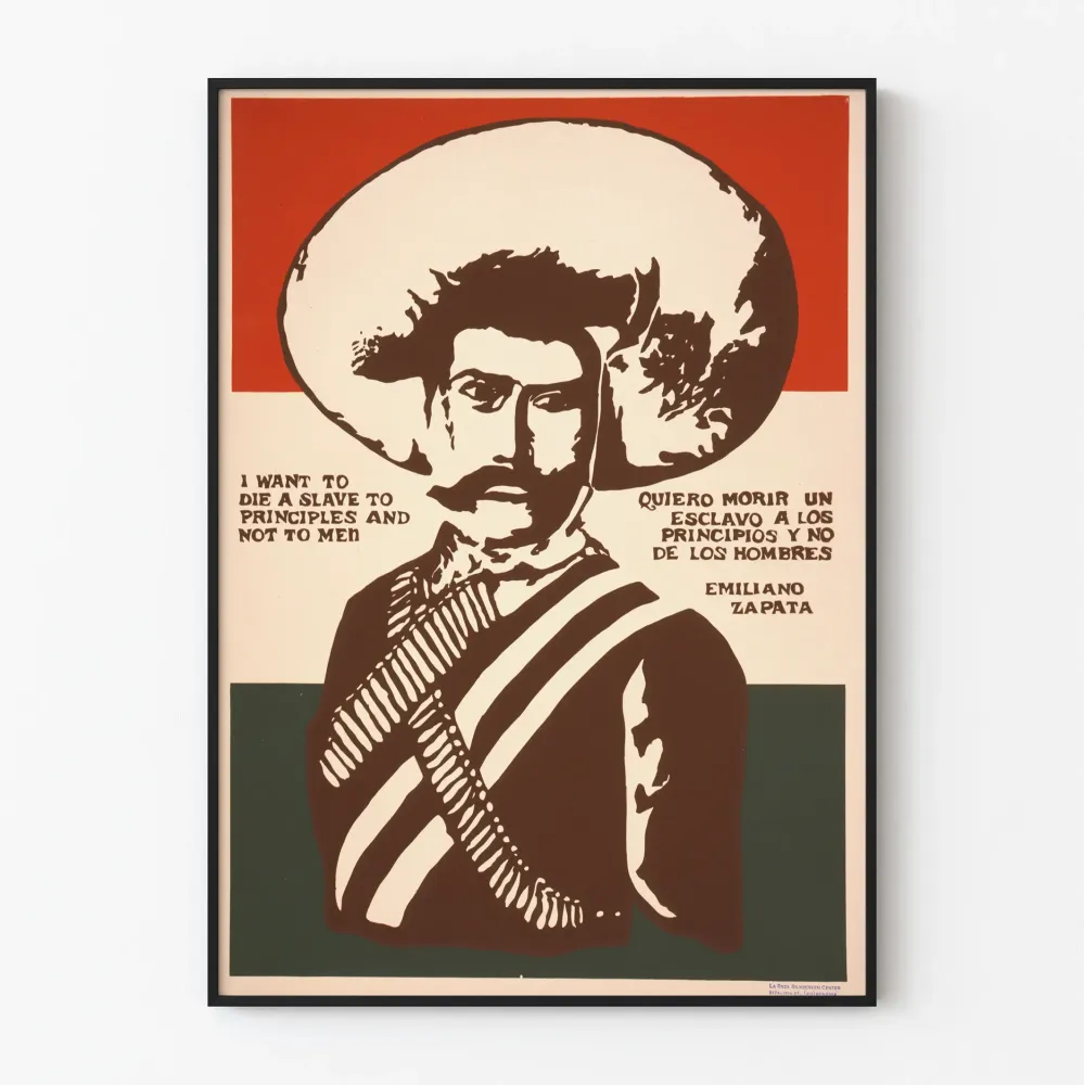 Plakat Emiliano Zapata z cytatem o zasadach i ludziach