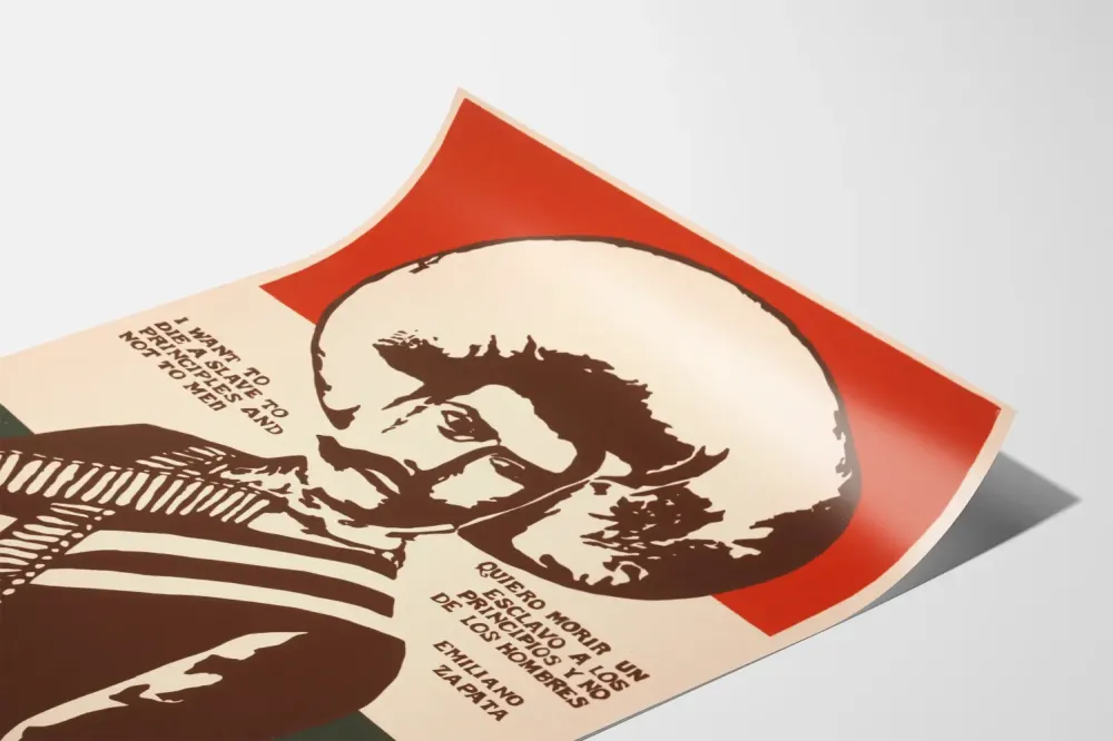 Plakat Emiliano Zapata z cytatem o zasadach i ludziach