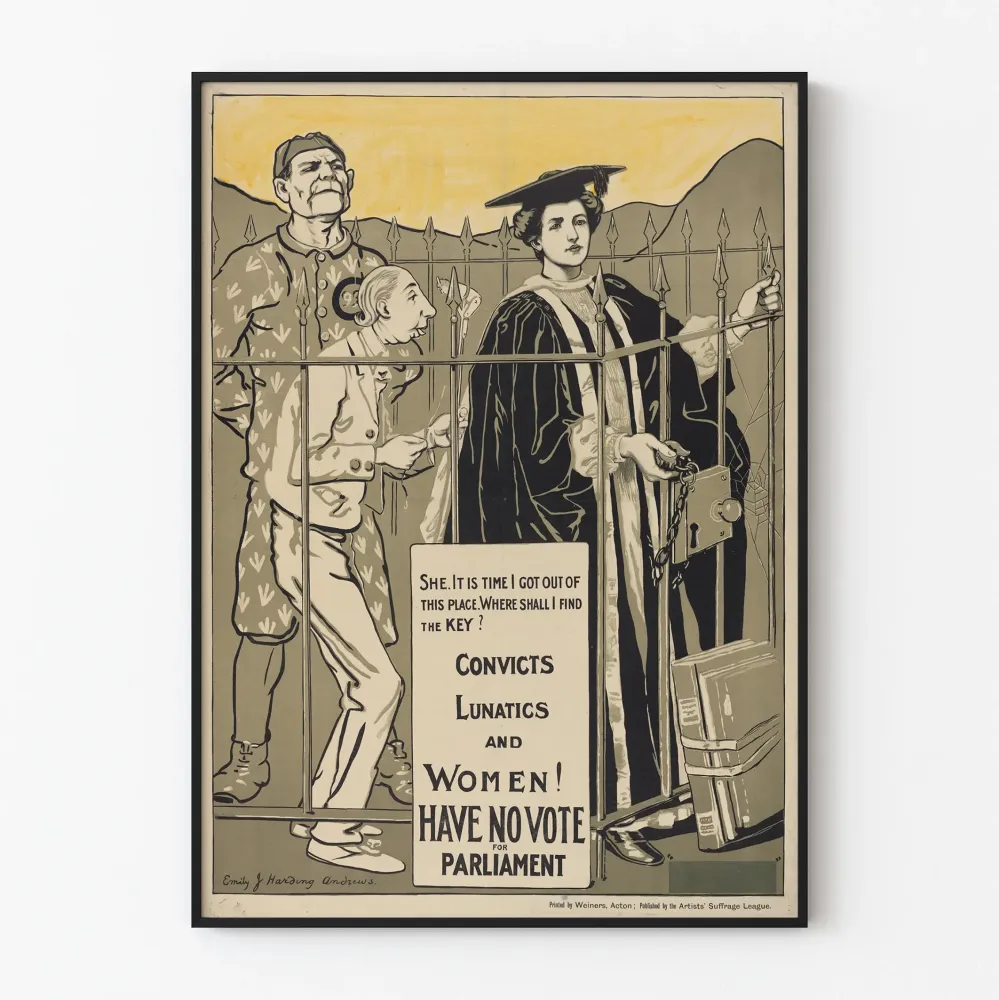 Plakat feministyczny vintage „Skazańcy, Szaleńcy i Kobiety Nie Mają Głosu w Parlamencie”