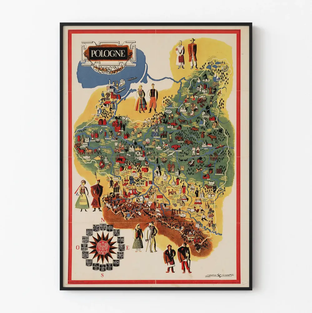 Plakat Ilustracyjna mapa Polski z tradycyjnymi strojami i symbolami regionalnymi