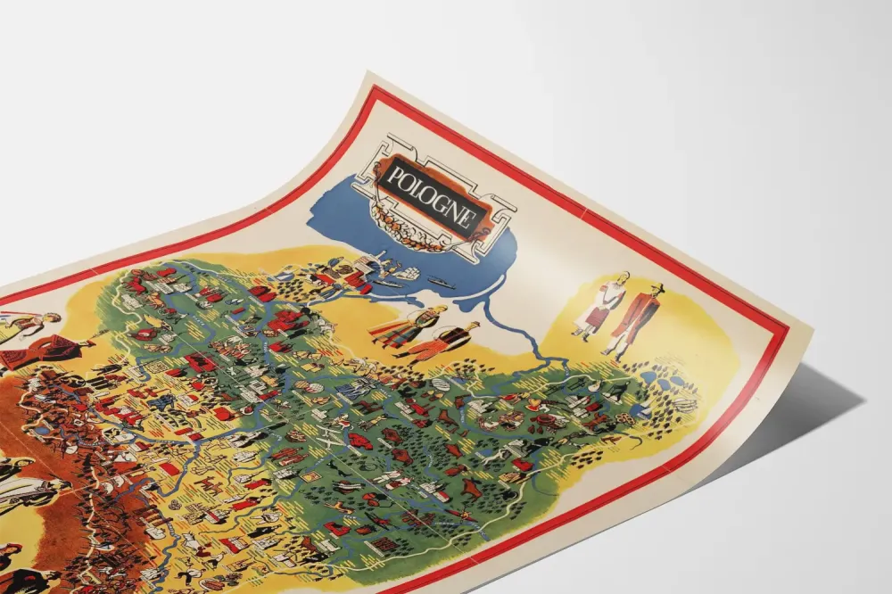 Plakat Ilustracyjna mapa Polski z tradycyjnymi strojami i symbolami regionalnymi