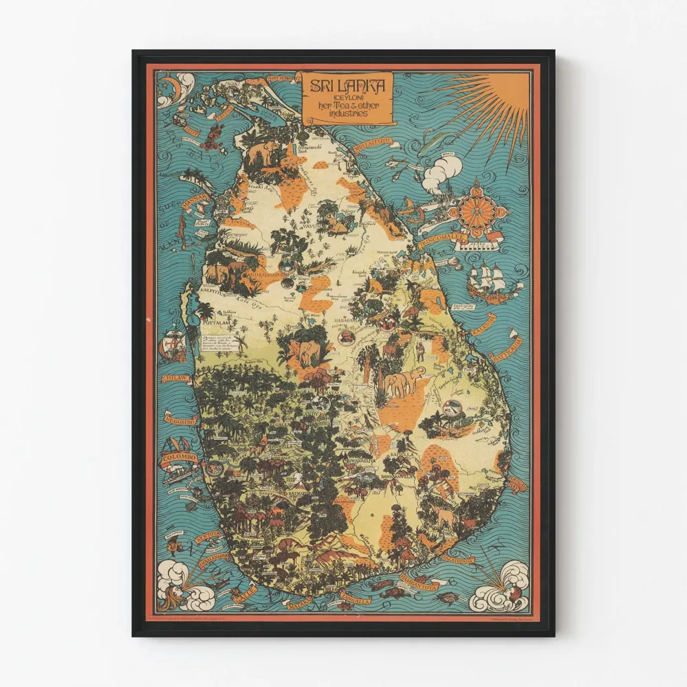 Plakat kartograficzny vintage Sri Lanka Cejlon herbata i przemysł
