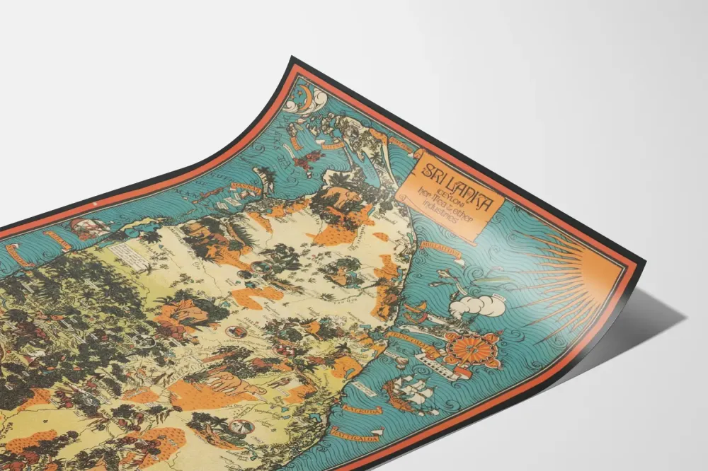 Plakat kartograficzny vintage Sri Lanka Cejlon herbata i przemysł