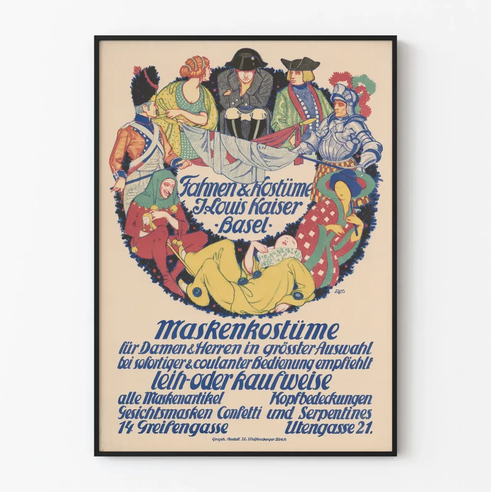 Plakat z kostiumami i maskami vintage J. Louis Kaiser Bazylea