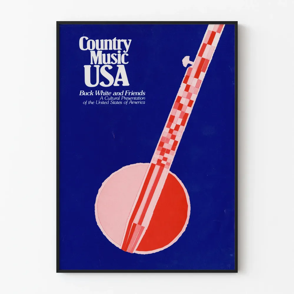 Plakat Muzyka country USA z czerwono-białym banjo na niebieskim tle