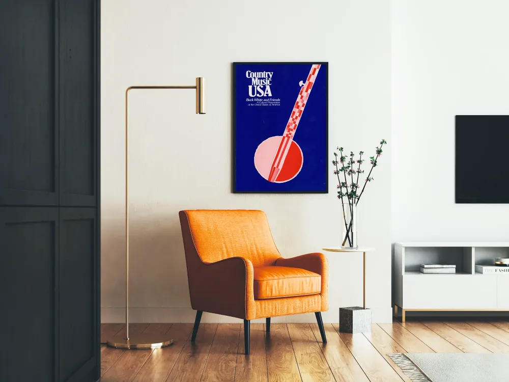 Plakat Muzyka country USA z czerwono-białym banjo na niebieskim tle