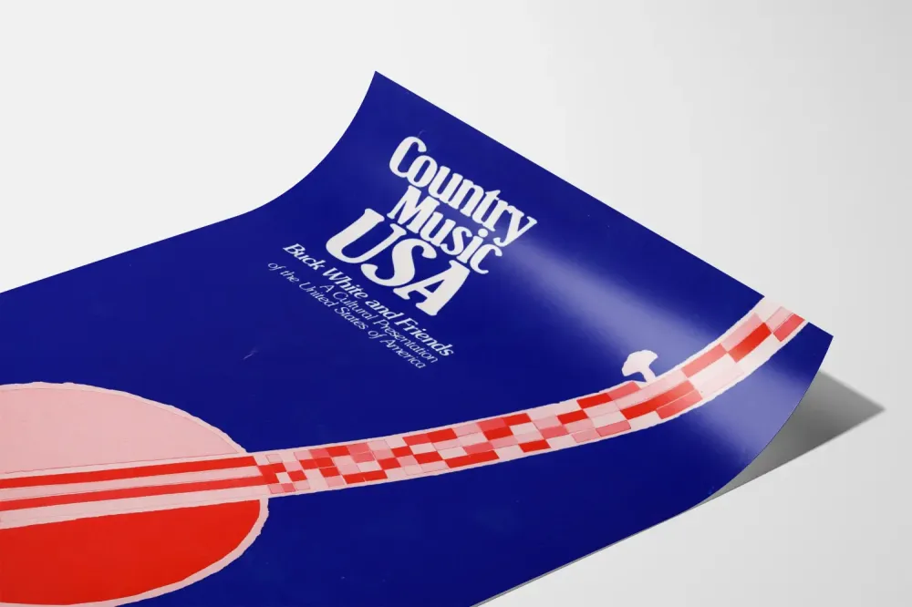 Plakat Muzyka country USA z czerwono-białym banjo na niebieskim tle