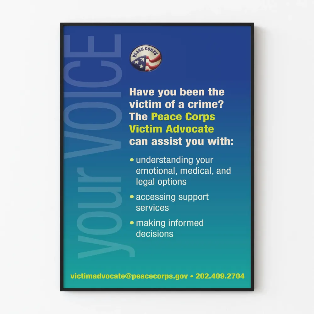 Plakat Obrońca ofiar w Peace Corps - Wsparcie dla ofiar wykroczeń