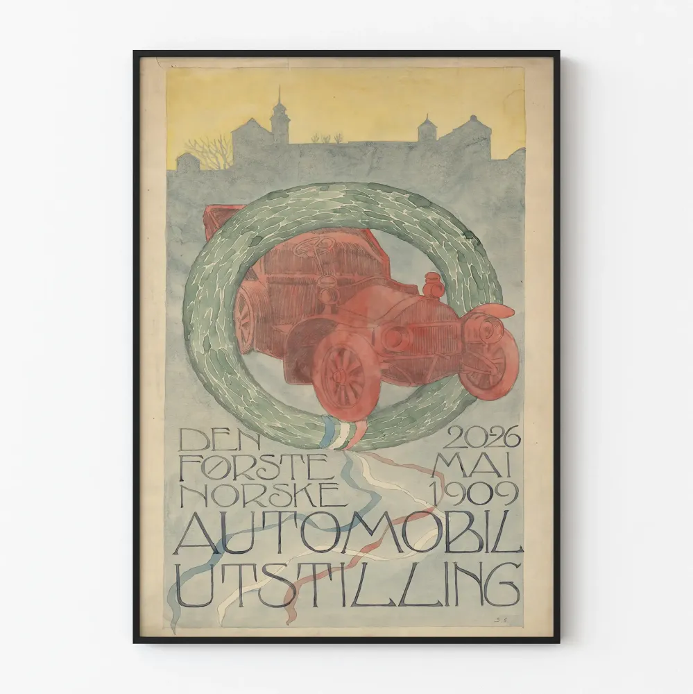 Plakat z pierwszą wystawą samochodową w Norwegii, 1909