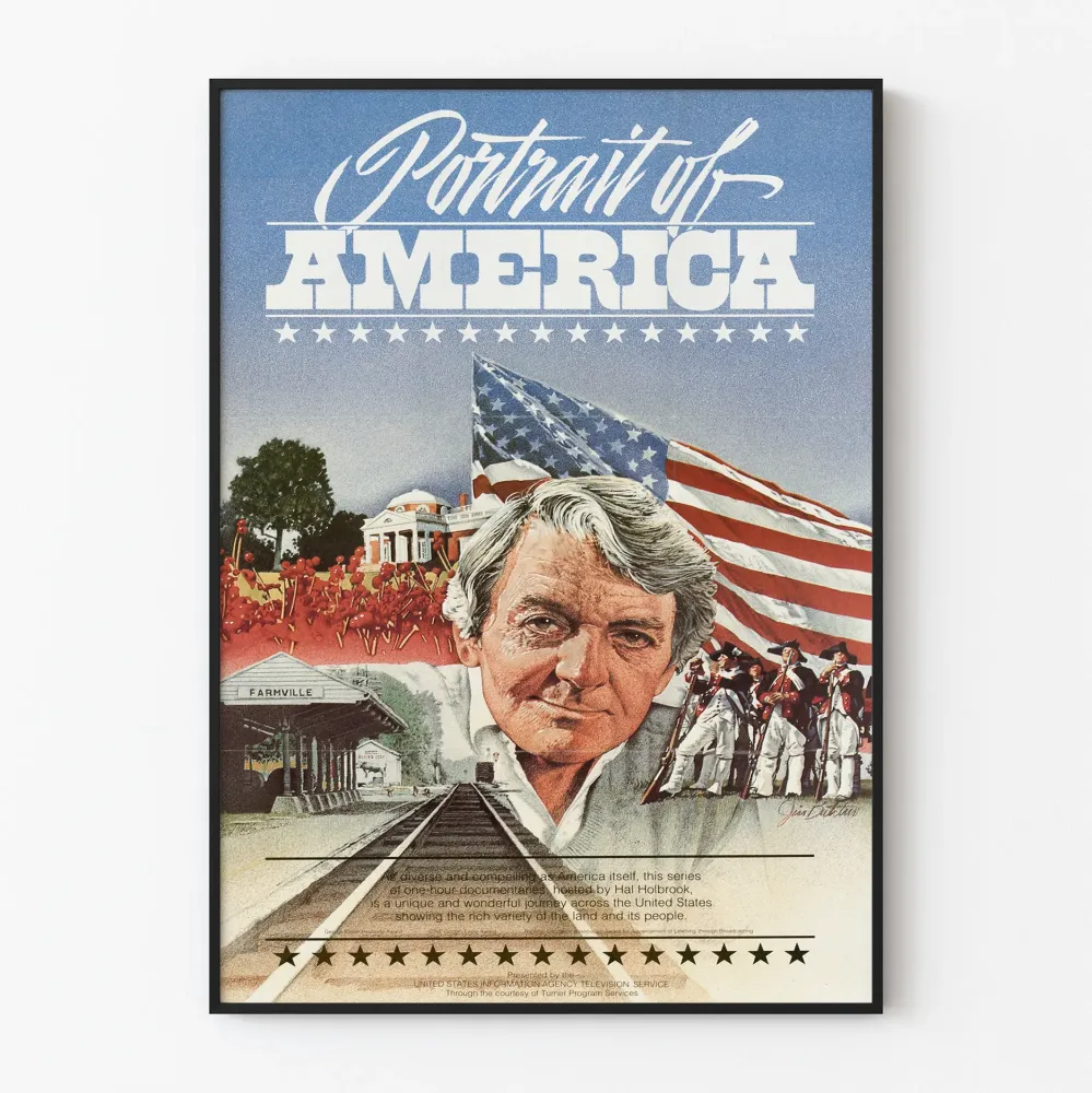 Plakat Portret Ameryki z amerykańską flagą i krajobrazem historycznym