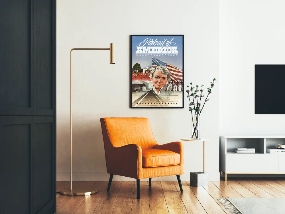 Plakat Portret Ameryki z amerykańską flagą i krajobrazem historycznym