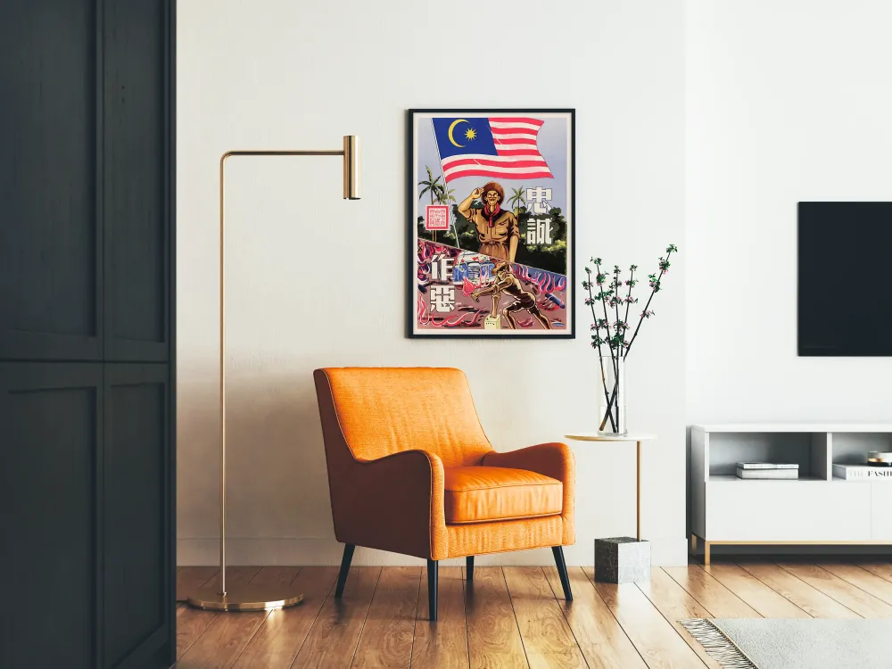 Plakat propagandowy malezyjski z postacią salutującą i sceną konfliktu