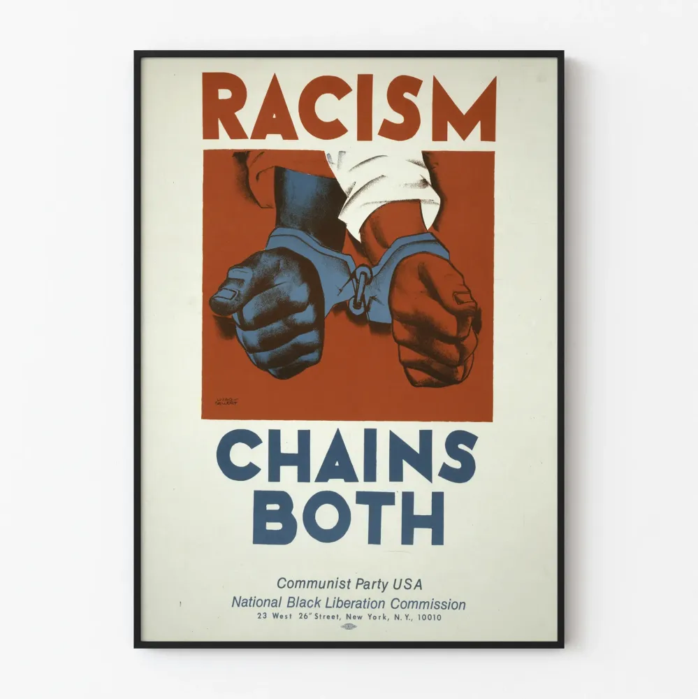 Plakat przeciwko rasizmowi z zaciśniętymi pięściami