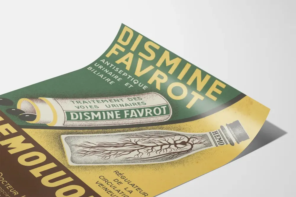 Plakat reklamowy vintage Dis mine Favrot i Hemoluol