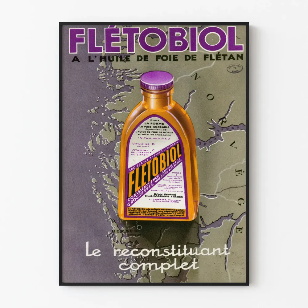 Plakat reklamowy vintage Fletobiol z olejem z wątroby halibuta