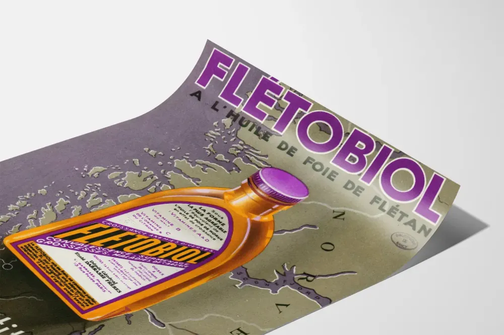 Plakat reklamowy vintage Fletobiol z olejem z wątroby halibuta