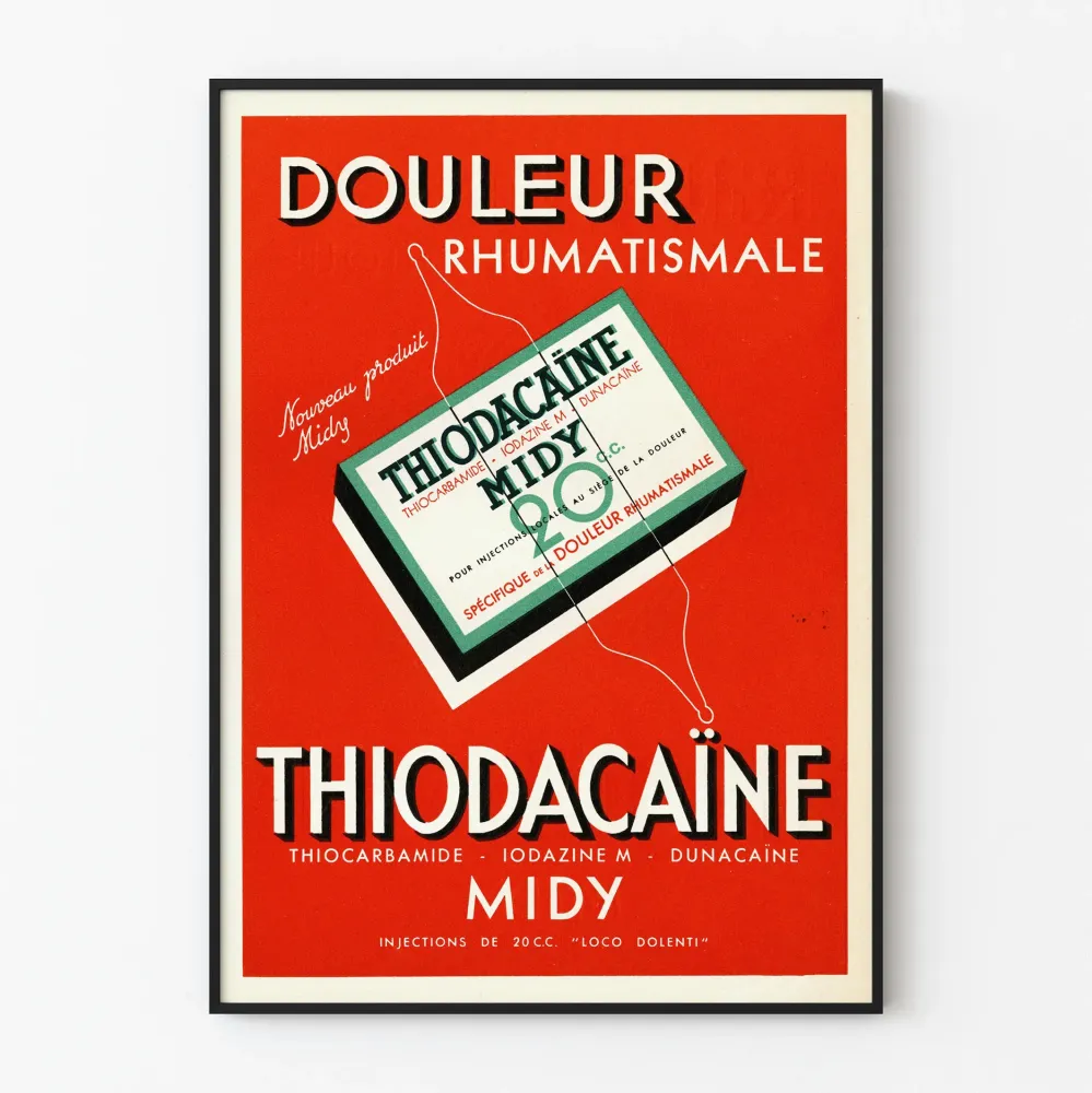 Plakat reklamowy vintage Thiodacaïne Midy na ból reumatyczny