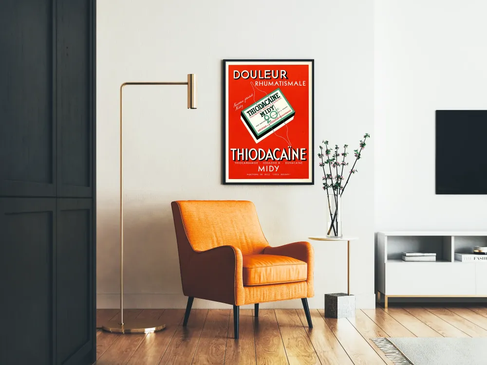 Plakat reklamowy vintage Thiodacaïne Midy na ból reumatyczny