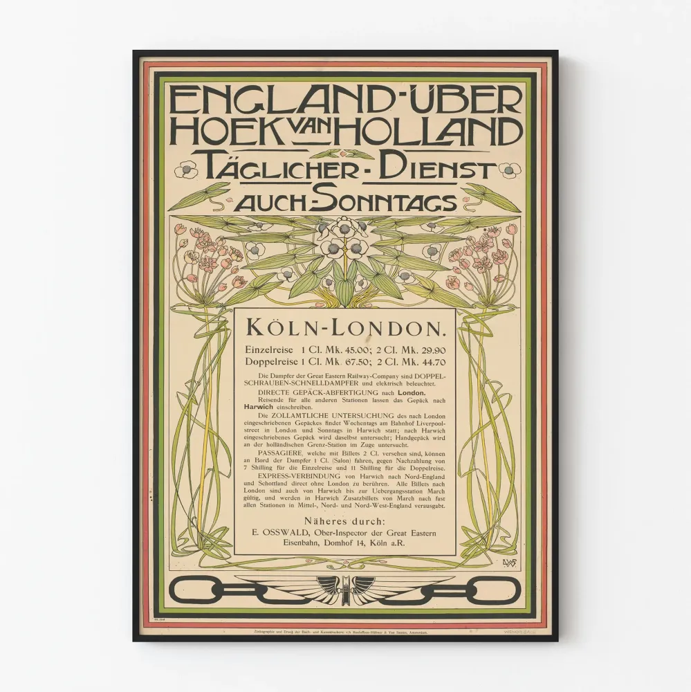 Plakat retro o tematyce kolei między Kolonią Londynem z motywem kwiatowym