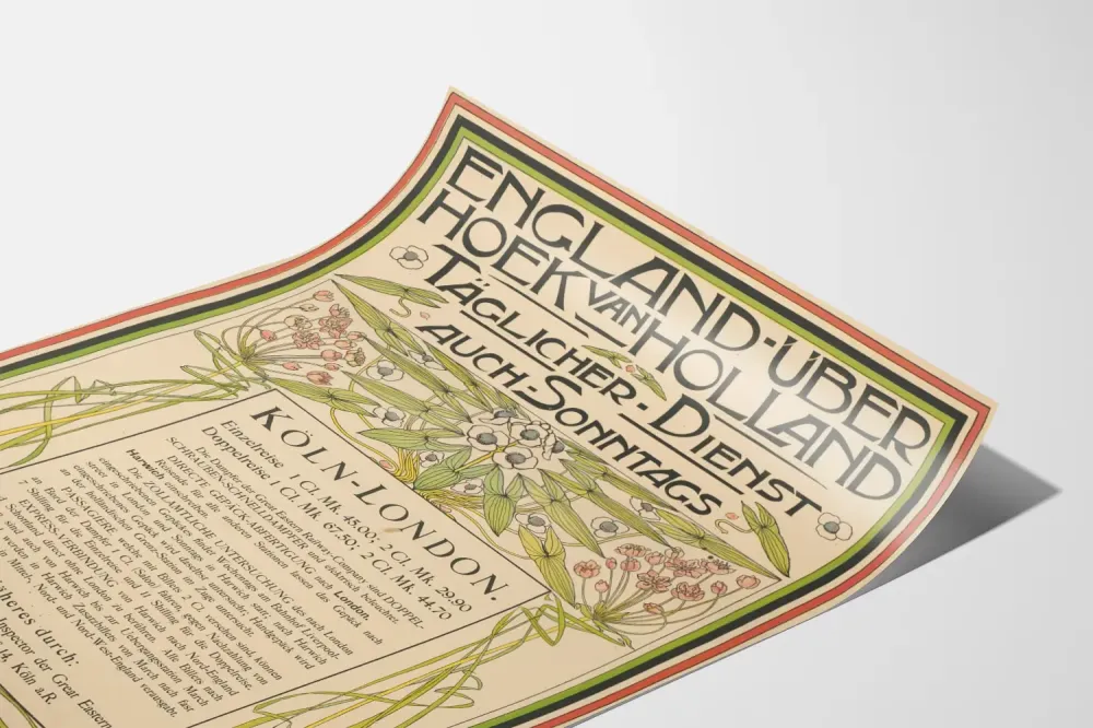 Plakat retro o tematyce kolei między Kolonią Londynem z motywem kwiatowym