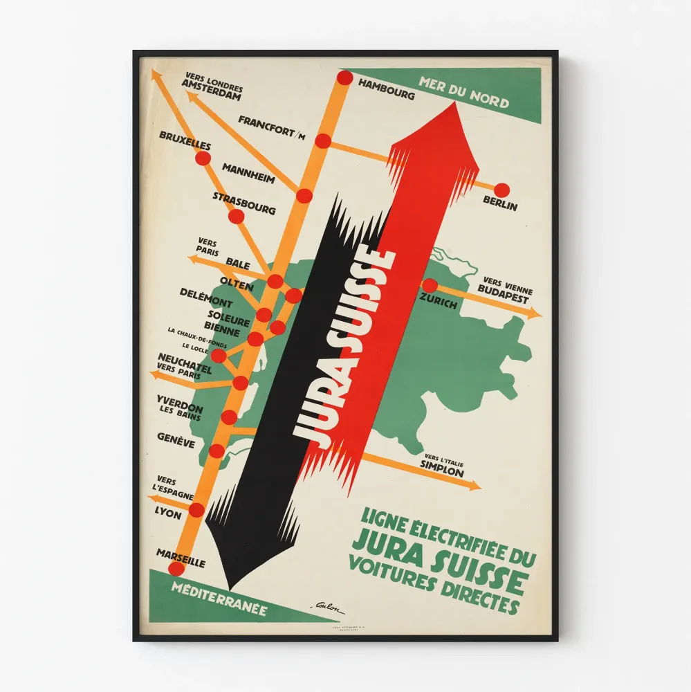 Plakat z serii Vintage Linie Elektryfikowanej Jura Szwajcarska - Mapa Kolejowa