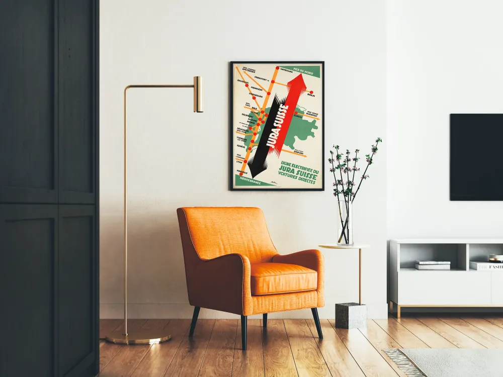 Plakat z serii Vintage Linie Elektryfikowanej Jura Szwajcarska - Mapa Kolejowa