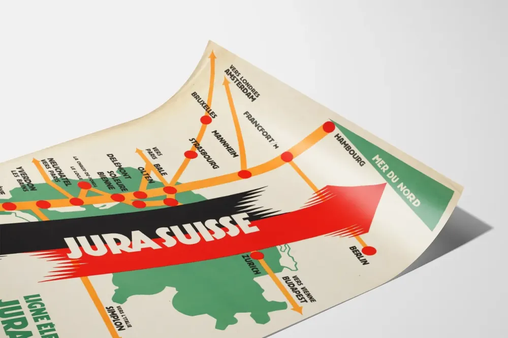 Plakat z serii Vintage Linie Elektryfikowanej Jura Szwajcarska - Mapa Kolejowa