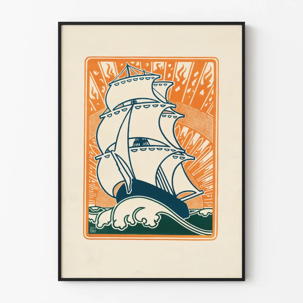 Plakat stylu Art Déco Wielki żaglowiec przy zachodzie słońca
