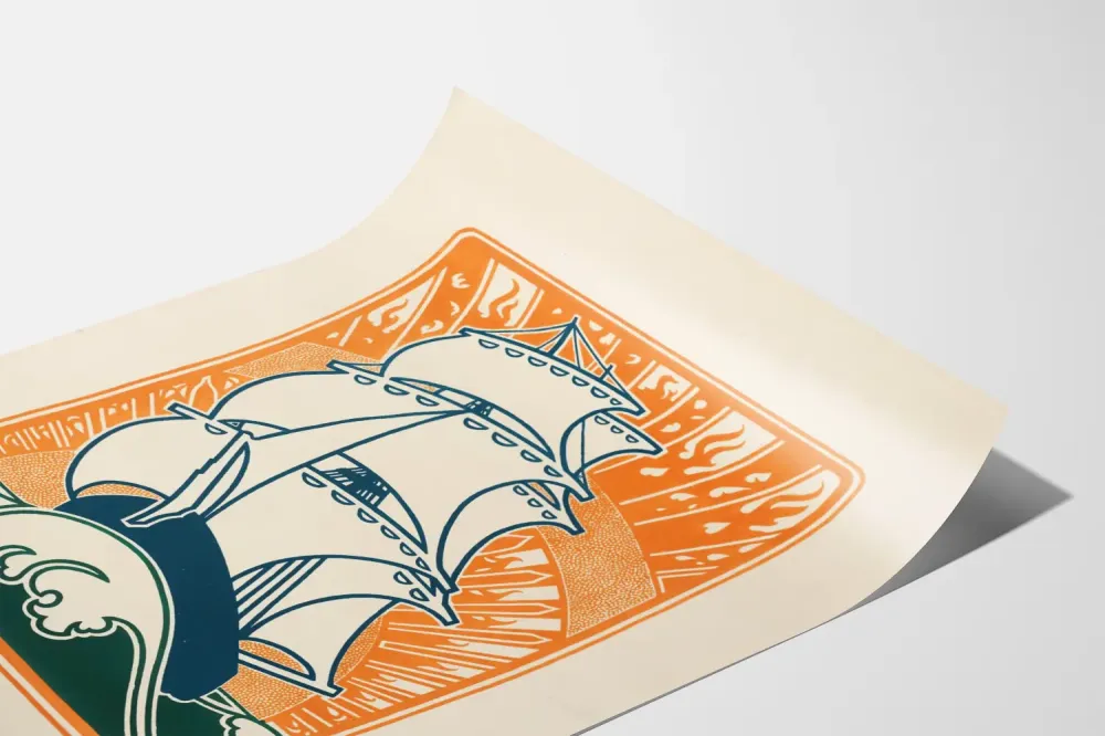 Plakat stylu Art Déco Wielki żaglowiec przy zachodzie słońca