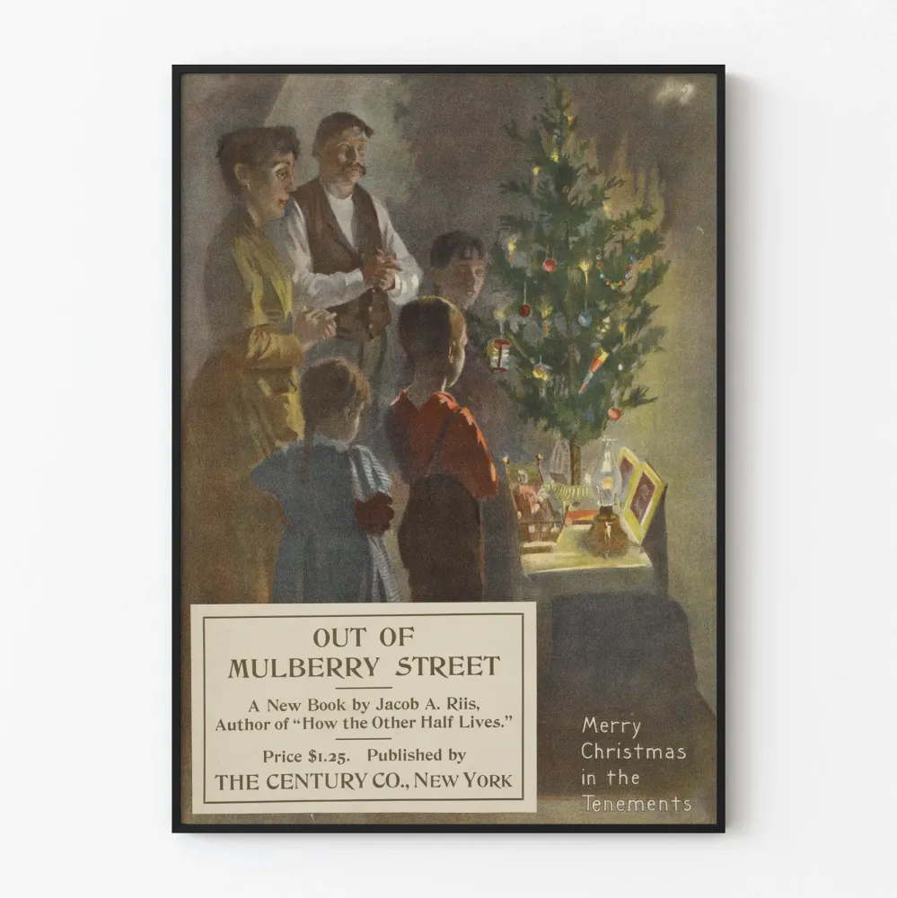 Plakat w stylu vintage, rodzinna atmosfera świąteczna z oświetloną choinką