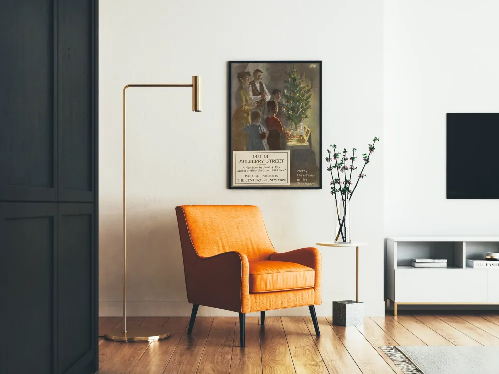 Plakat w stylu vintage, rodzinna atmosfera świąteczna z oświetloną choinką