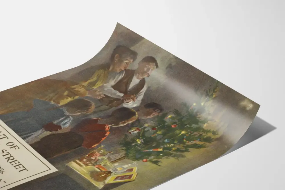 Plakat w stylu vintage, rodzinna atmosfera świąteczna z oświetloną choinką
