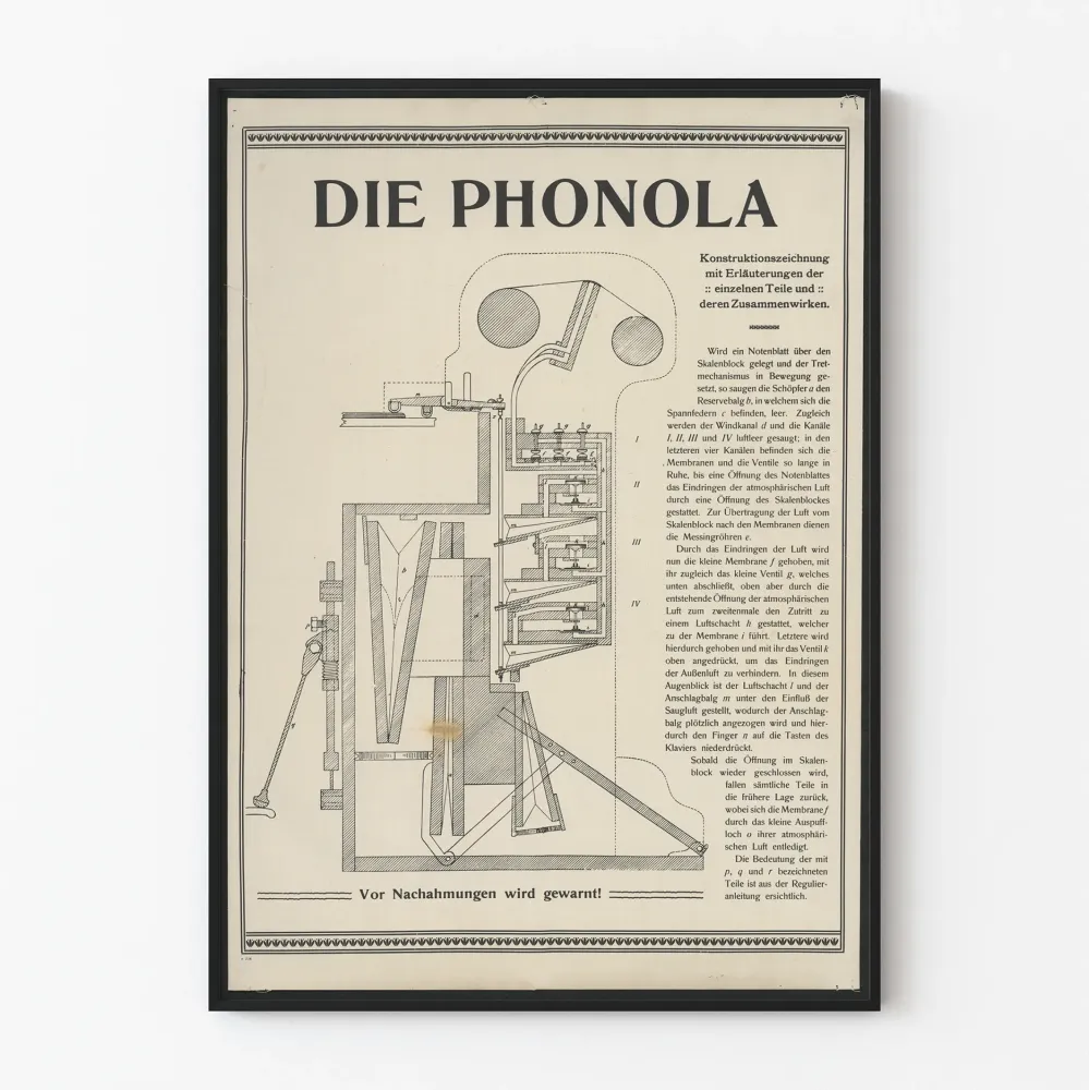 Plakat techniczny vintage Die Phonola - Schemat mechaniczny ilustrowany w czerni i bieli