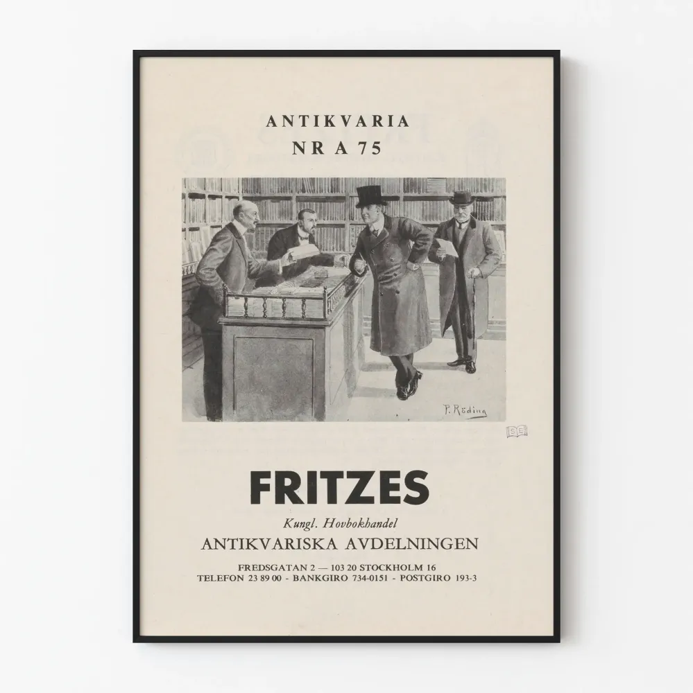 Plakat vintage z antycznej księgarni - scena z książką i klientami
