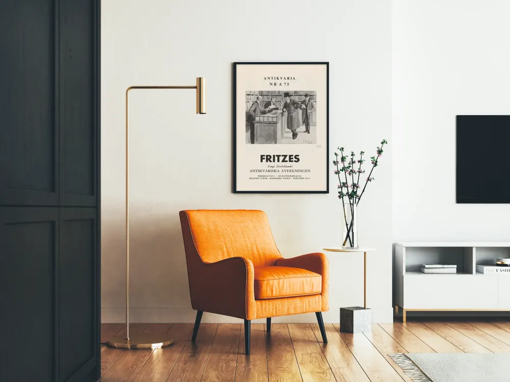 Plakat vintage z antycznej księgarni - scena z książką i klientami