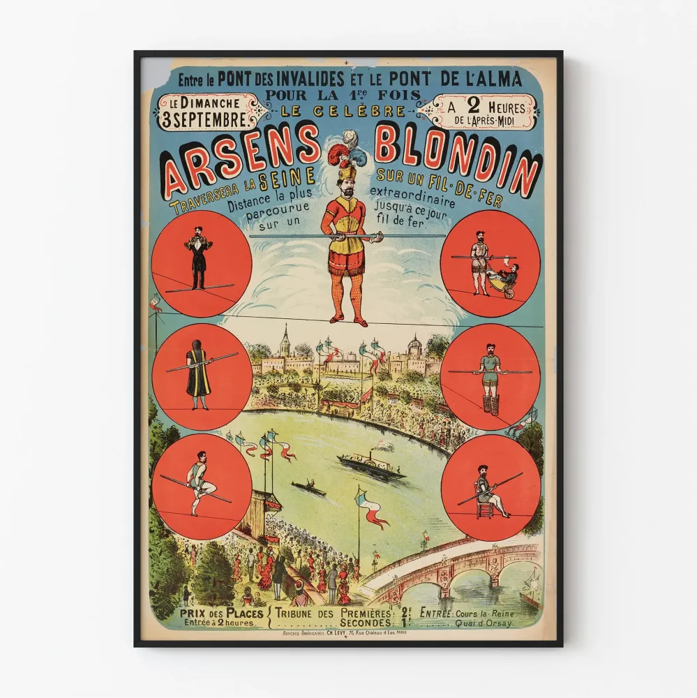 Plakat vintage Arsens Blondin przejście po drucie nad Sekwaną