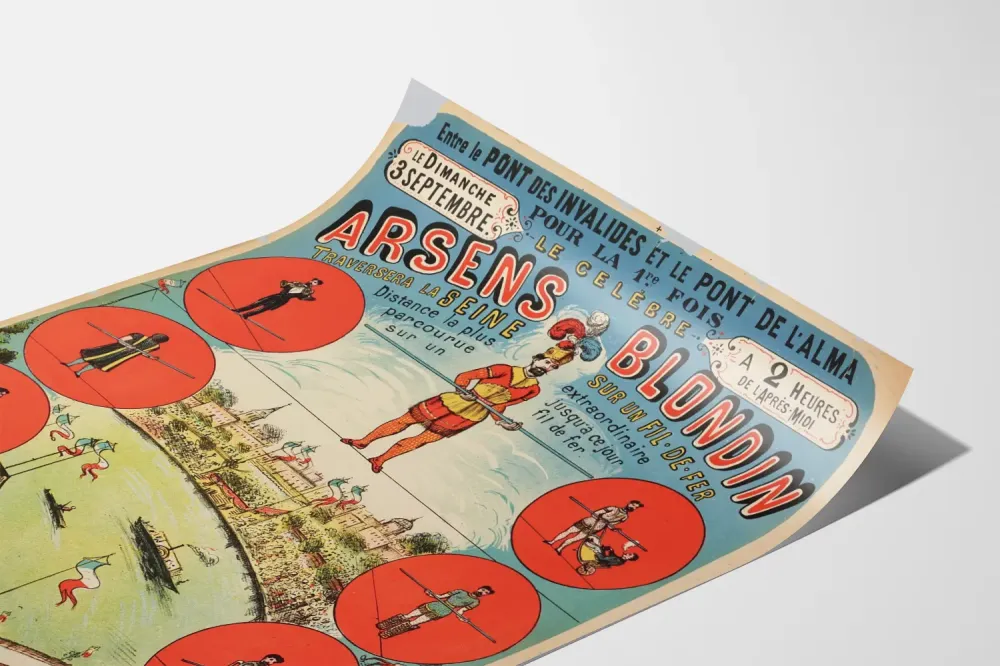 Plakat vintage Arsens Blondin przejście po drucie nad Sekwaną