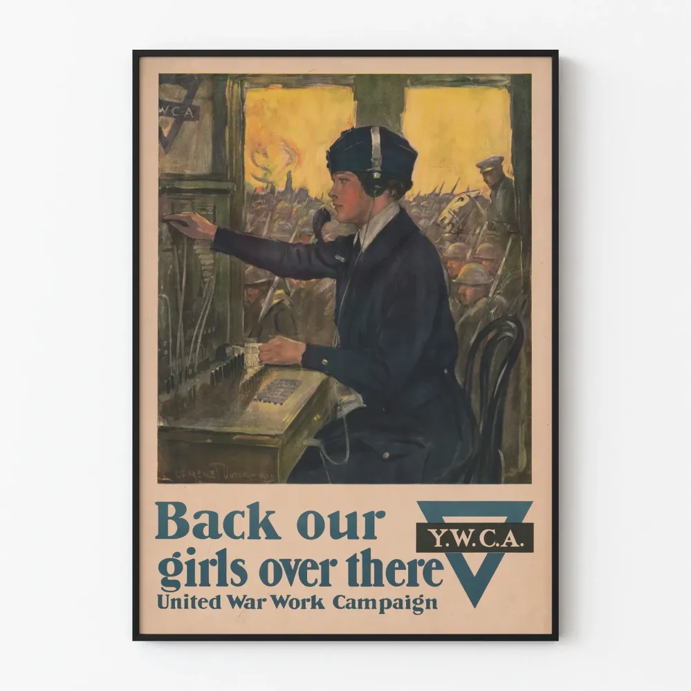 Plakat vintage 'Back our girls over there' kampania Y.W.C.. Wojna