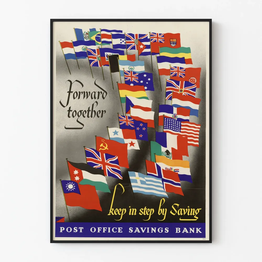 Plakat vintage Bank Oszczędności Poczty z flagami światowymi