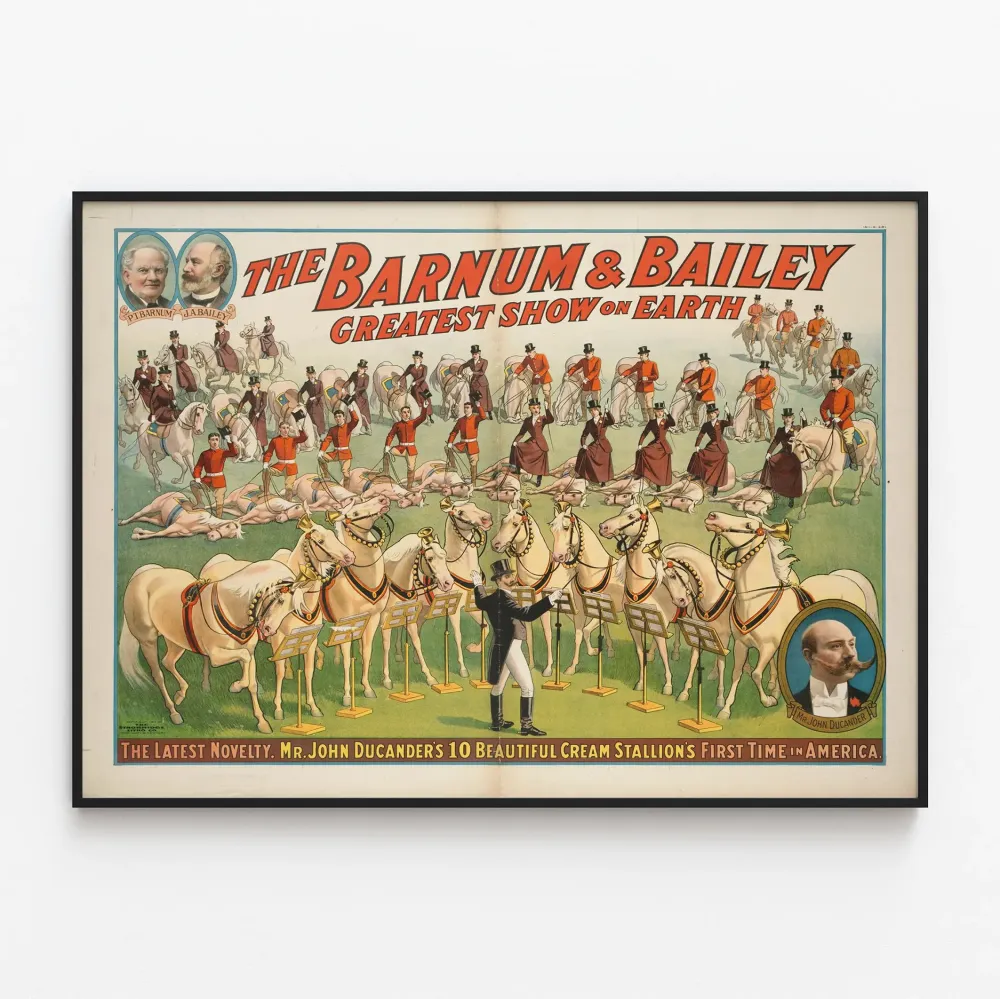 Plakat vintage Barnum & Bailey z 10 koniami kasztanowymi Johna Ducandera