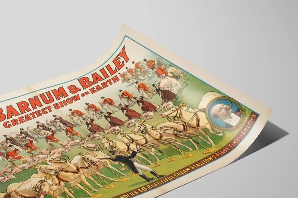 Plakat vintage Barnum & Bailey z 10 koniami kasztanowymi Johna Ducandera