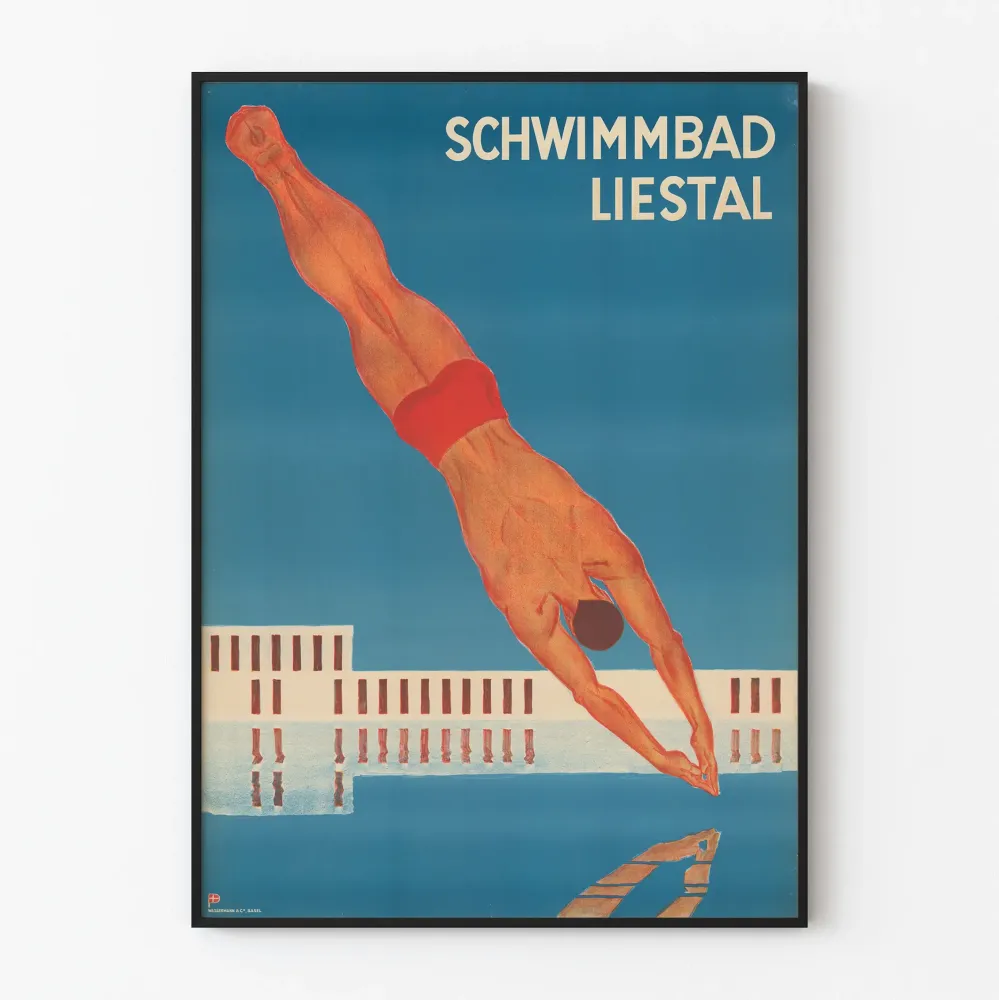 Plakat vintage basen Liestal nurkowie w akcji