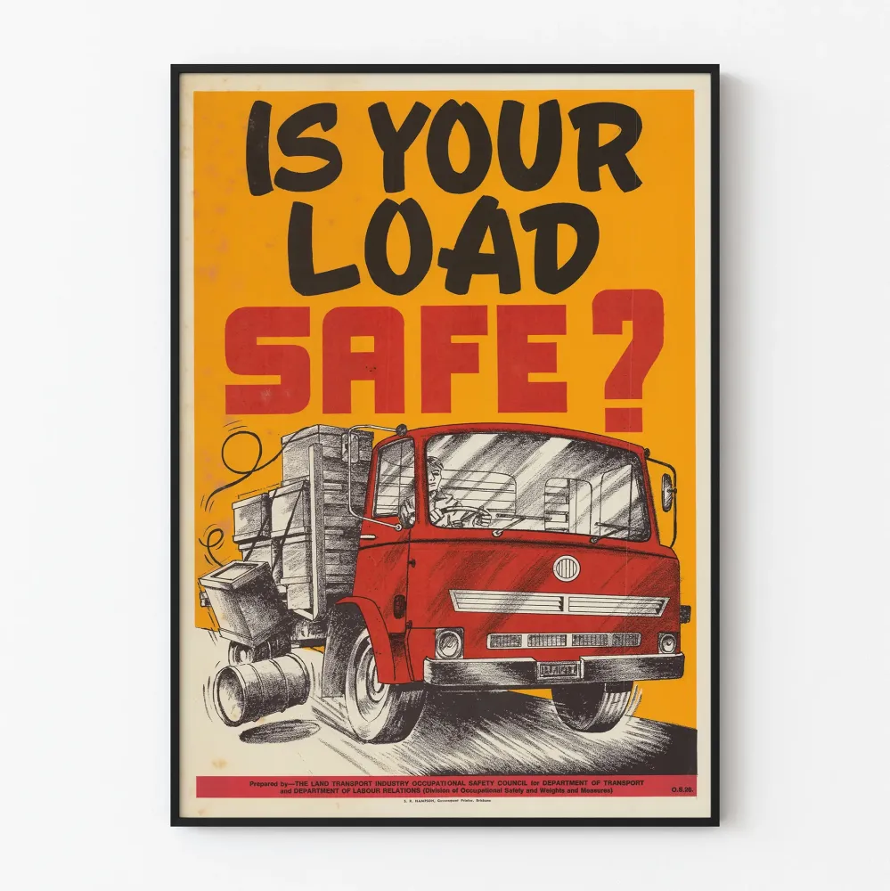 Plakat vintage bezpieczeństwa drogowego załadunku ciężarówki