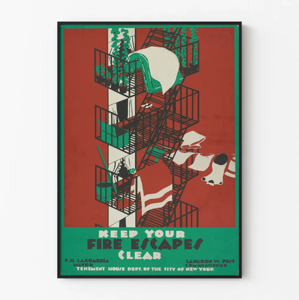 Plakat vintage bezpieczeństwo pożarowe schody ewakuacyjne