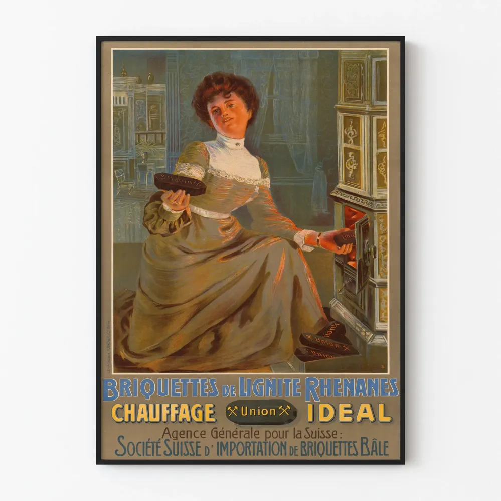 Plakat Vintage Brykietów Węglowych z Nadrenii – Idealne Ogrzewanie Union