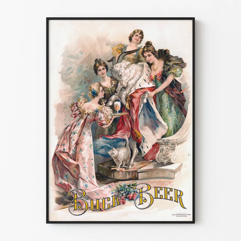 Plakat vintage Buck Beer z królową kozą i młodymi kobietami