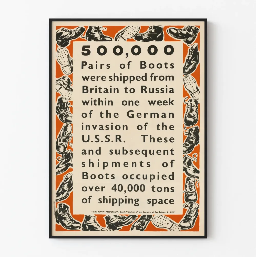 Plakat vintage butów wysyłanych z Wielkiej Brytanii do Rosji