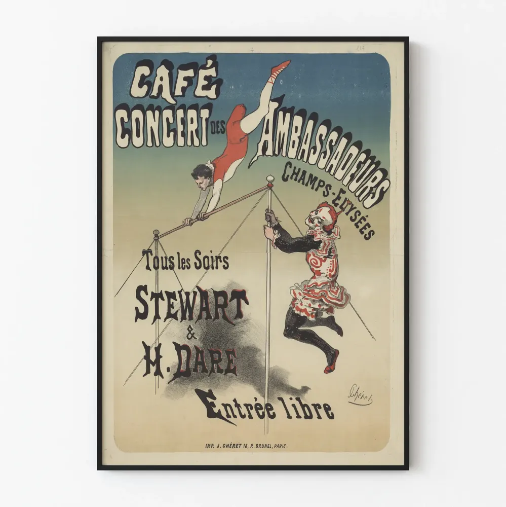 Plakat vintage Café Concert Ambassadeurs z akrobatami Stewart i H. Dare