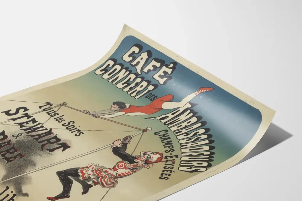 Plakat vintage Café Concert Ambassadeurs z akrobatami Stewart i H. Dare
